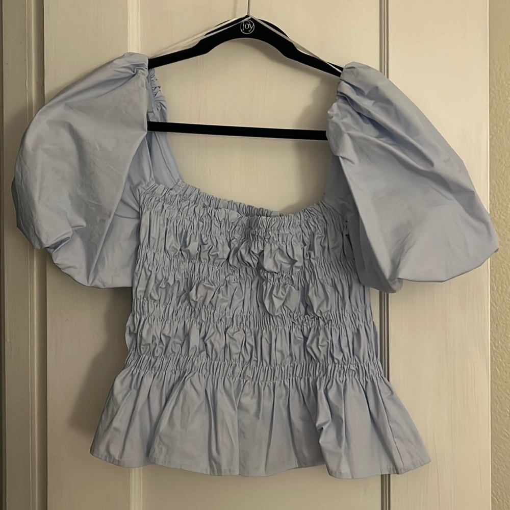 Fluffy sleeve, light blue, off the shoulder cute top